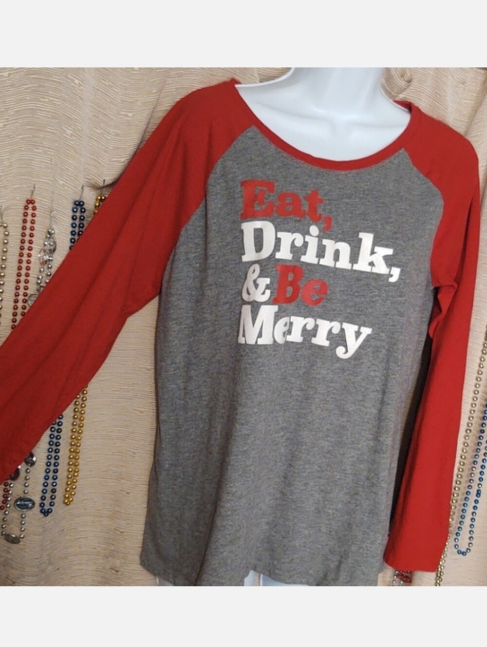 "Eat, Drink, & Be Merry" Baseball Tee Red & Grey Large